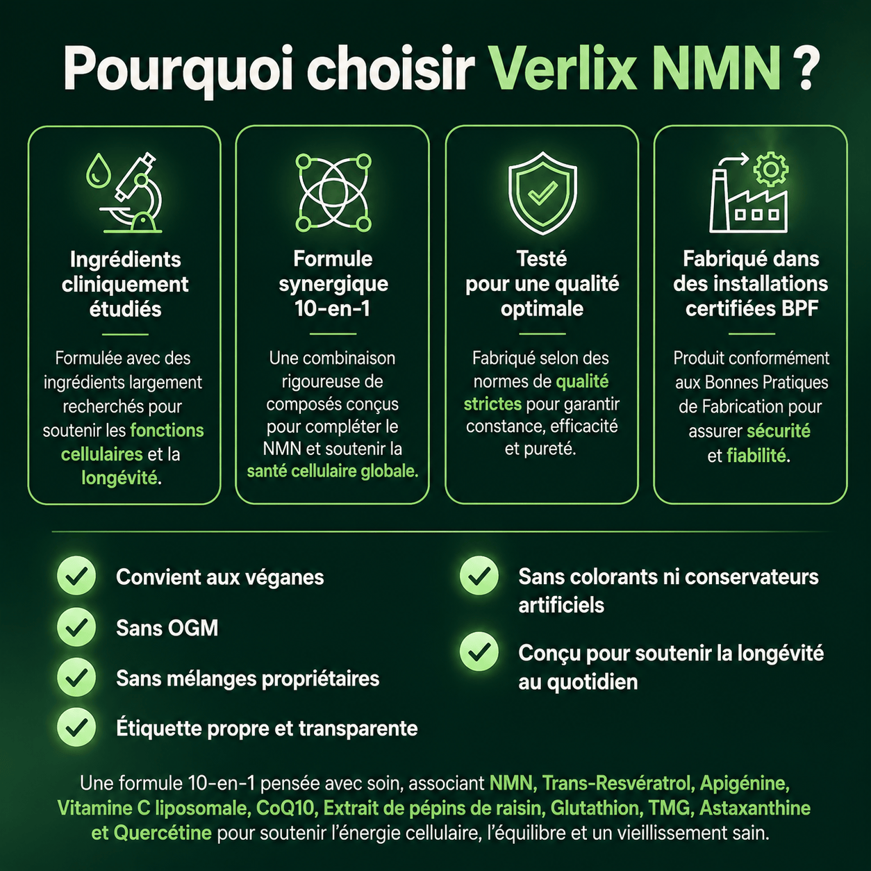 Verlix | Gélules de NMN Pur (Formule 10-en-1)