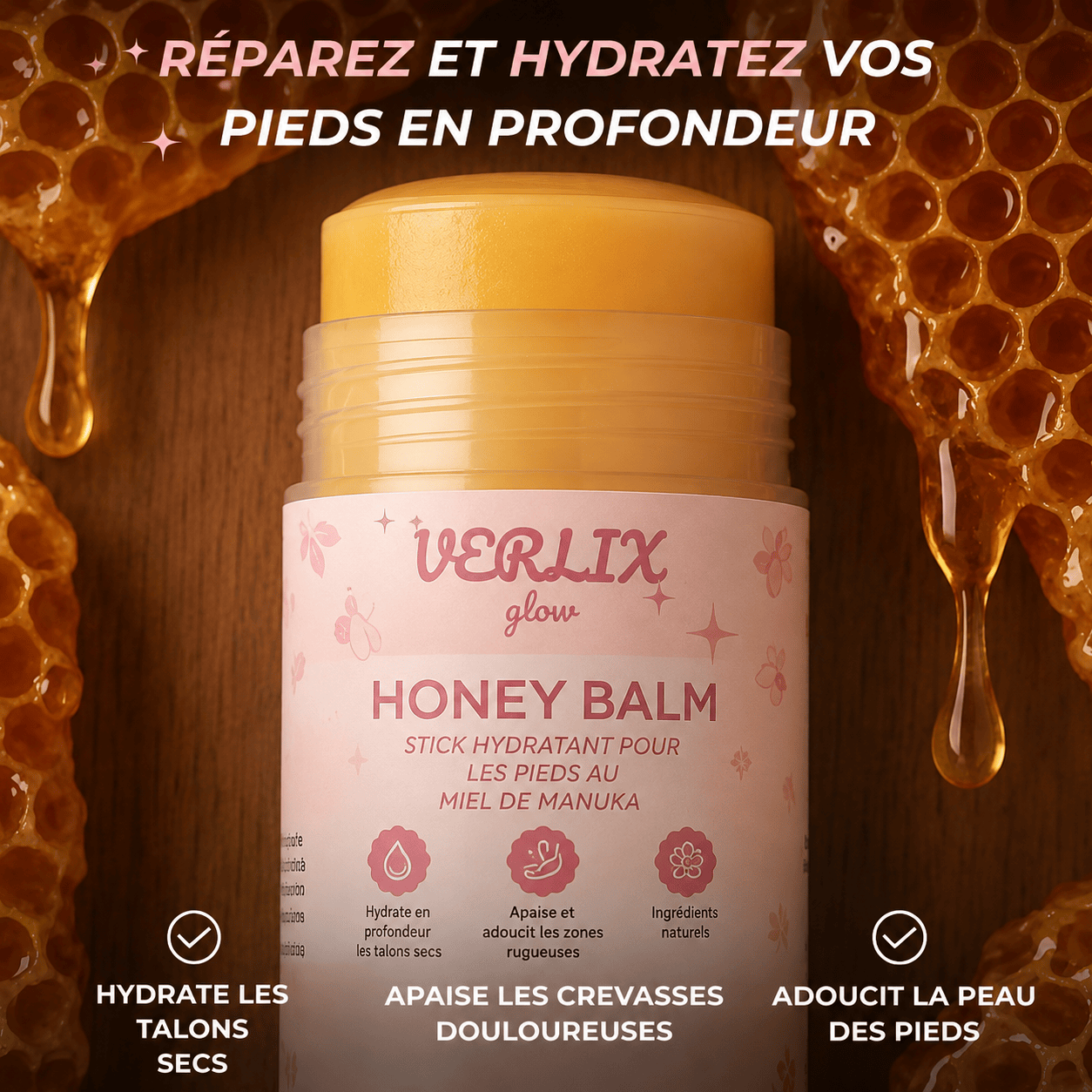 Verlix HoneyBalm™ – Baume Réparateur pour Pieds Secs & Talons Abîmés